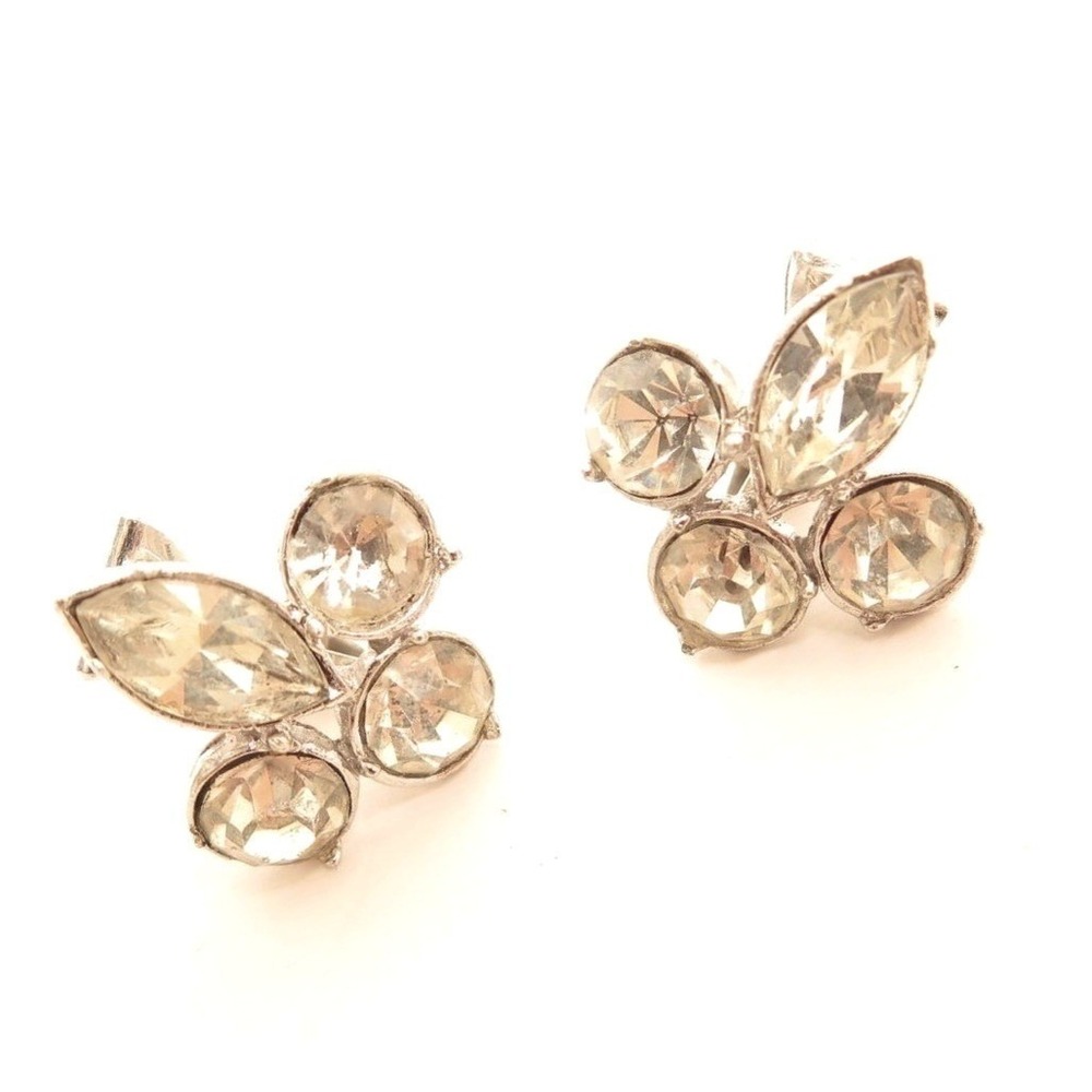 Brilliant FLEUR DE LYS Shaped Clear Rhinestone Vintage Silver Clip Earrings*A714